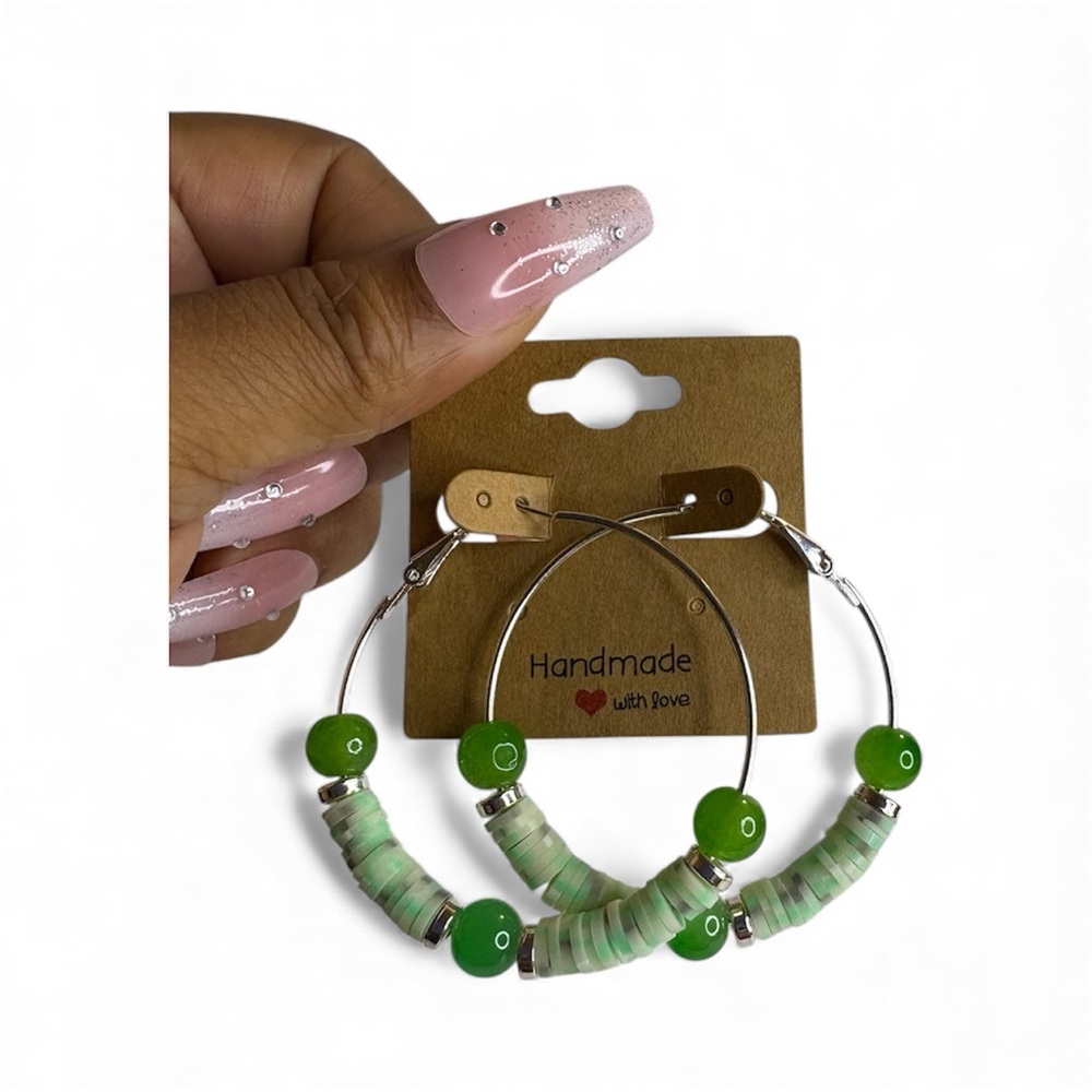 Handmade Green Beaded Hoop Earrings